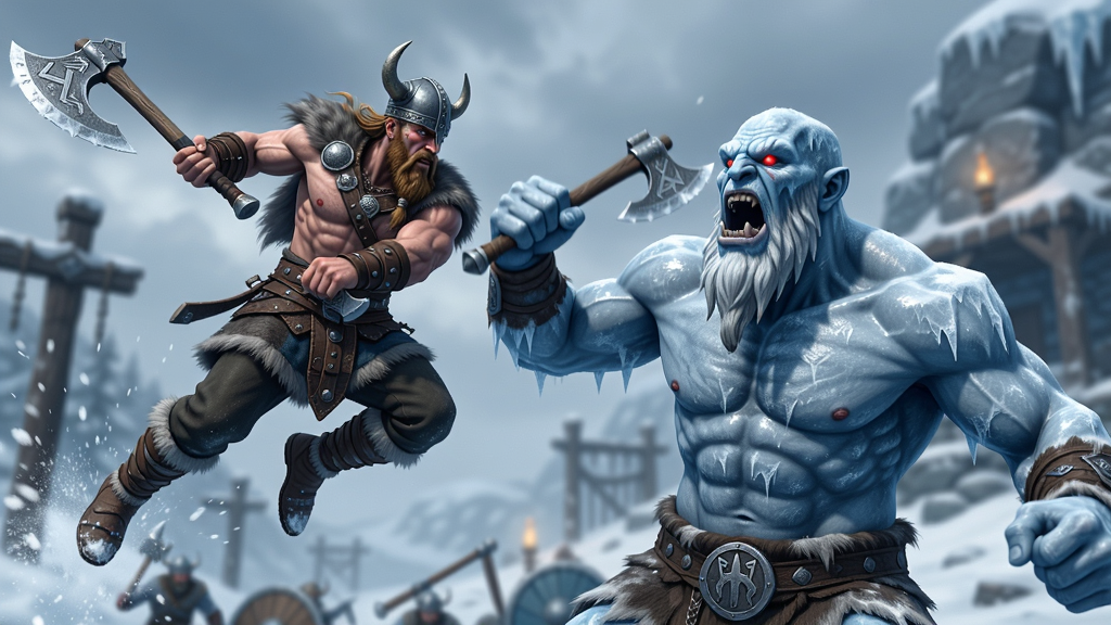 ��Ϸ��Vikings���Ķ���ս������������Ϊά��սʿ����˫����һͷ��˪���˼��Ҷ�ս��սʿԾ������������ŭ�𷴻������ֲ��ö�̬ץ���ӽǣ�����������������дʵ�Ҵ��б�ŷ��ɫ�ʣ�ϸ�ڱ���ѩ���ɽ����������⣬���ʸ���ɾ����޶���Ԫ�أ�ͼƬ�в��������֡�