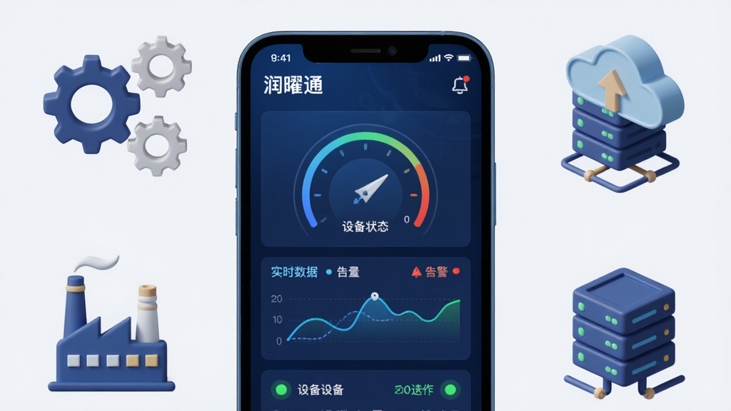 主体为一部智能手机屏幕展示润曜通APP主界面,屏幕中央显示设备运行状态仪表盘与实时数据曲线,界面采用深蓝色科技感风格,左上角有“润曜通”白色字样。布局为手机居中竖屏,周围环绕着齿轮、工厂、云服务器等工业元素图标,排版简洁大气。风格为现代扁平化UI设计结合3D渲染,细节包括设备列表、告警提示红点、绿色运行指示灯,画质高清干净,无多余元素。