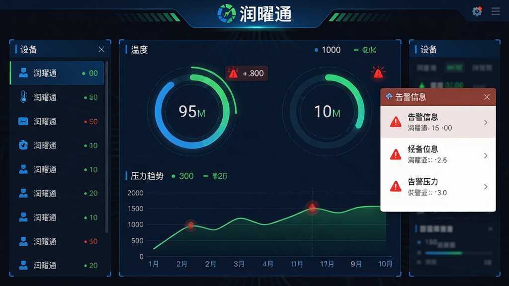 主体为润曜通APP设备监控界面截图,画面中央是环形进度图与折线趋势图,显示“温度”、“压力”等参数,背景为深色工业控制台风格。布局上,图表占据画面主体,左侧有设备列表,右侧有告警信息弹窗,顶部有“润曜通”品牌标识。风格为科技蓝与荧光绿配色,细节包括动态刷新的数据标签、红色告警闪烁点,画质清晰干净,无多余元素。