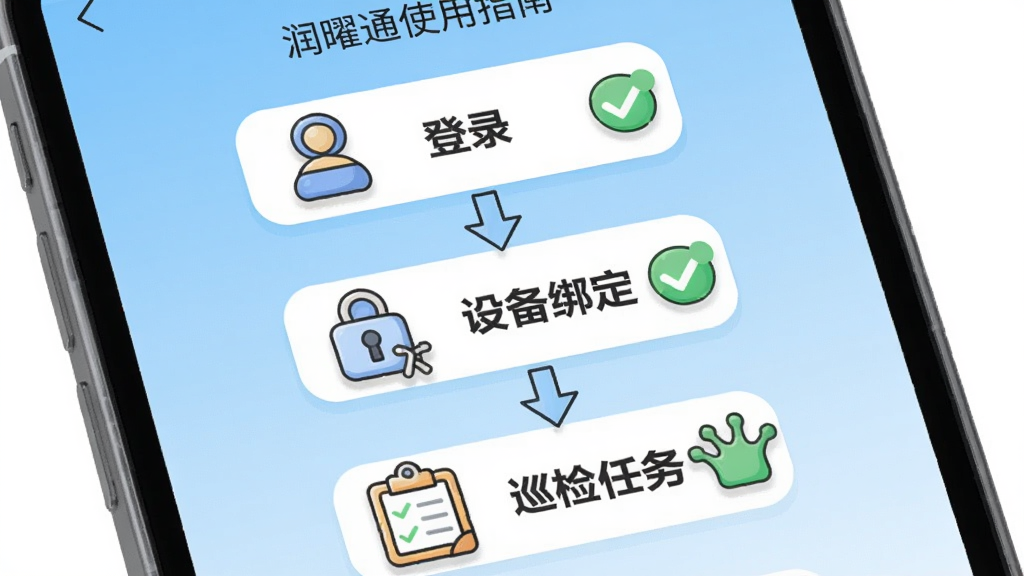 主体为一部手机显示润曜通使用指南页面,屏幕上列出“登录”、“设备绑定”、“巡检任务”等步骤图标,背景为浅蓝色渐变。布局为步骤流程图,自上而下排列,每步配有简洁图标。风格为卡通插画与扁平化结合,细节包括箭头指示、勾选标记,画质干净明亮,无多余元素。