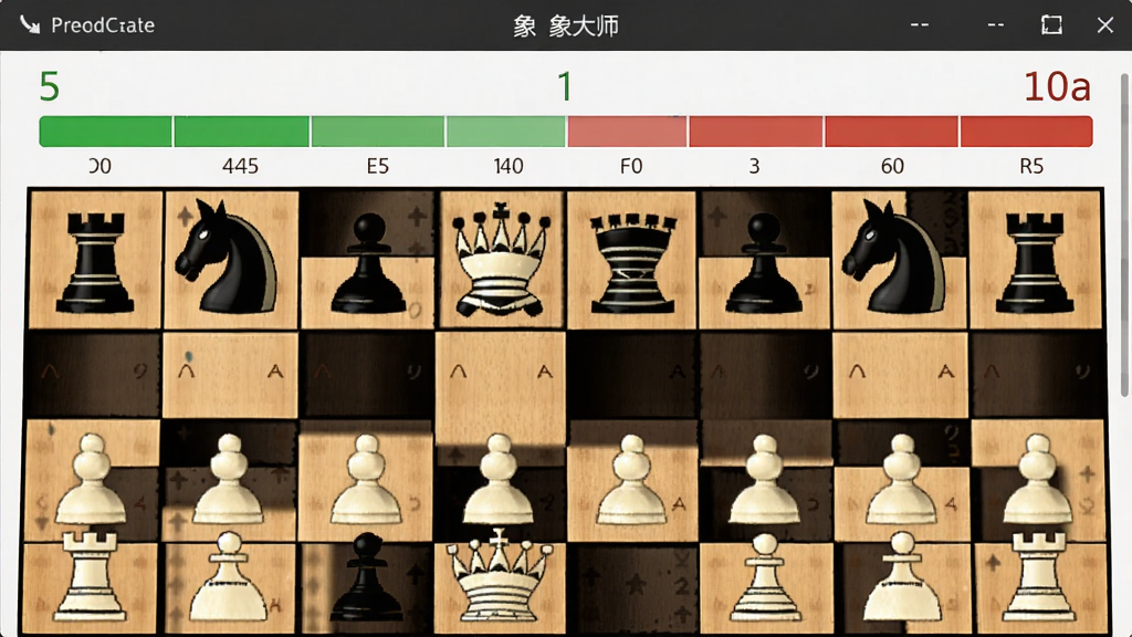 象大师的智能局面评估界面,棋盘上方有一个进度条和分数显示,绿色和红色分别代表双方优势,界面简洁清晰,画质干净,无多余元素