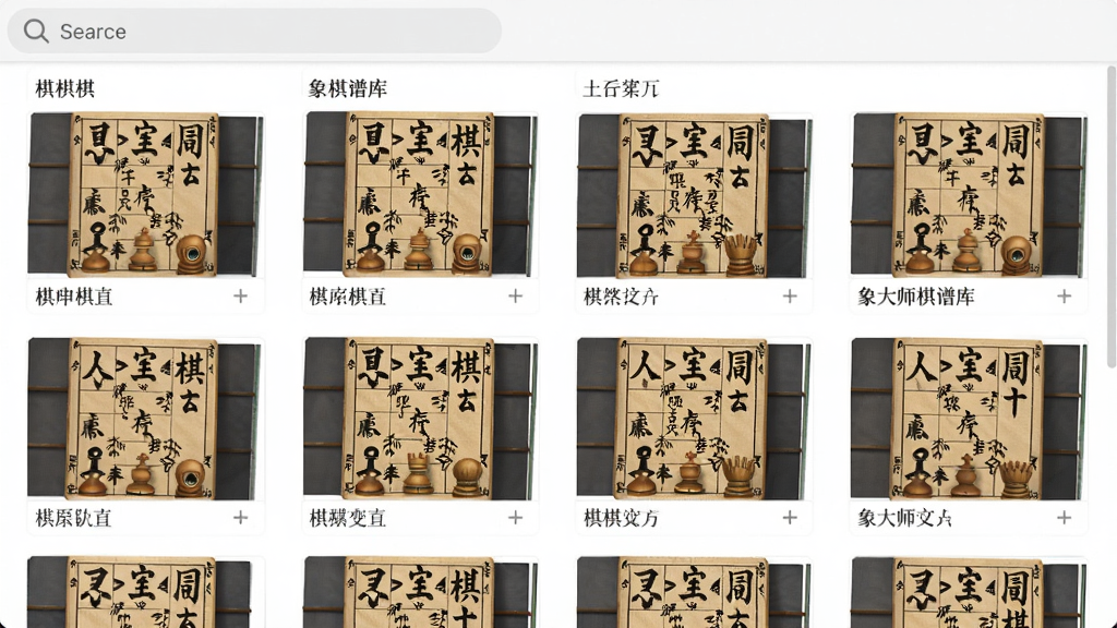 象大师棋谱库界面,列表形式展示多个棋谱名称,每个棋谱配有缩略图,顶部有搜索框,整体风格简洁,画质干净,无多余元素