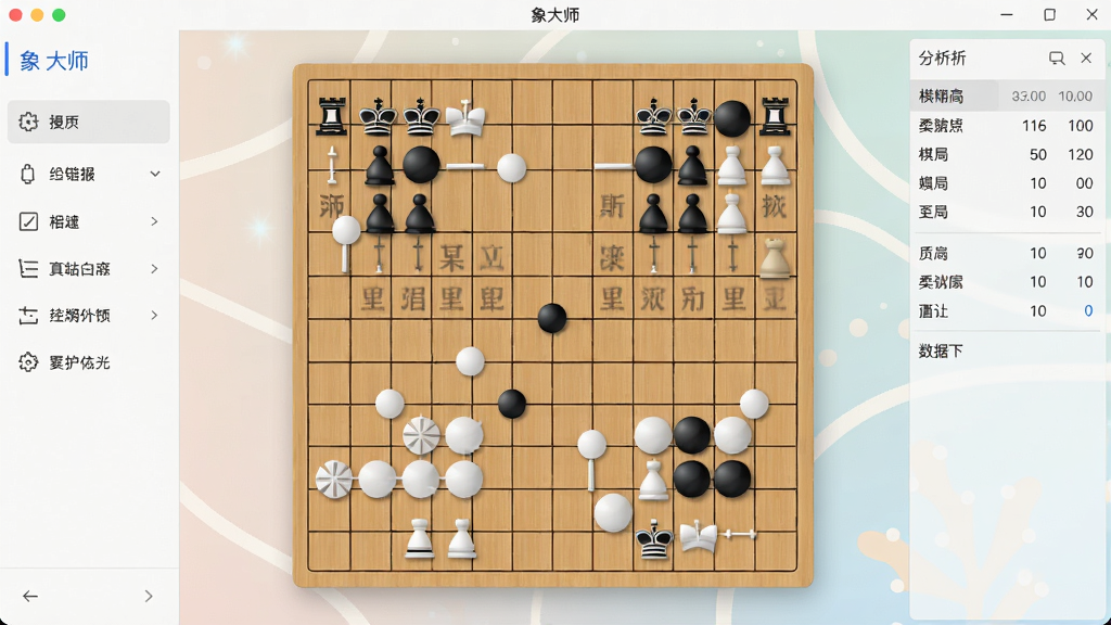 一张展示象大师软件主界面的截图,界面简洁现代,中央是一个棋盘,棋盘上摆放着几枚棋子,左侧有功能菜单栏,右侧显示棋局分析数据,背景淡雅,画质干净,无多余元素