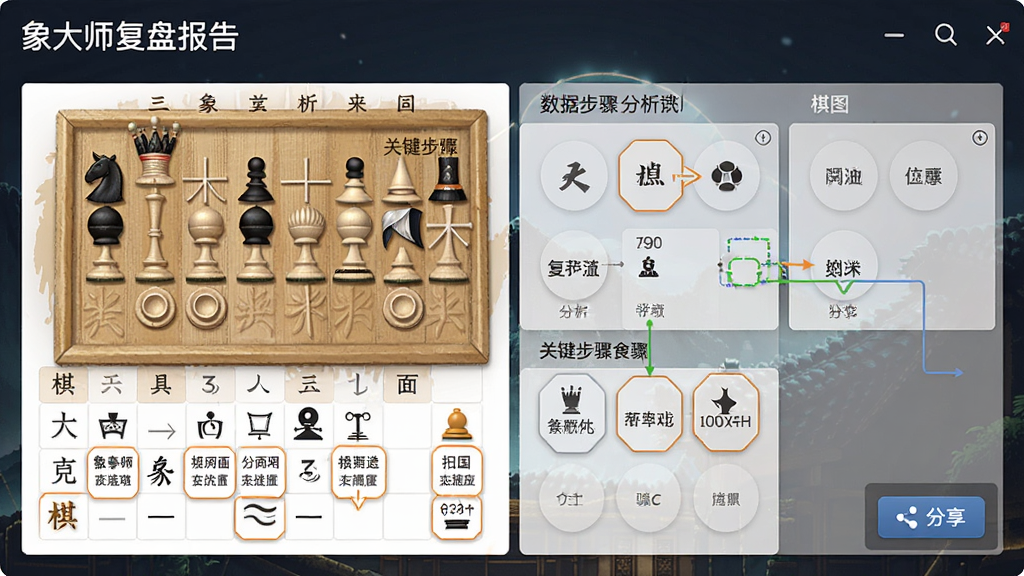 象大师复盘报告界面,棋谱下方有分析数据和关键步骤标注,旁边有分享按钮,整体布局清晰,画质干净,无多余元素