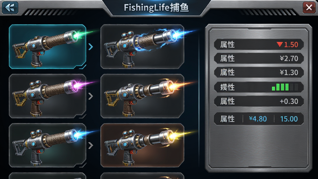 主体:FishingLife捕鱼游戏的炮台升级界面,展示多款酷炫炮台;布局:左侧炮台列表,右侧属性面板;排版:竖向排列,对比明显;风格:科技感UI,金属质感;细节:炮管纹理、能量光效、数值变化;画质:精细渲染,干净无多余元素