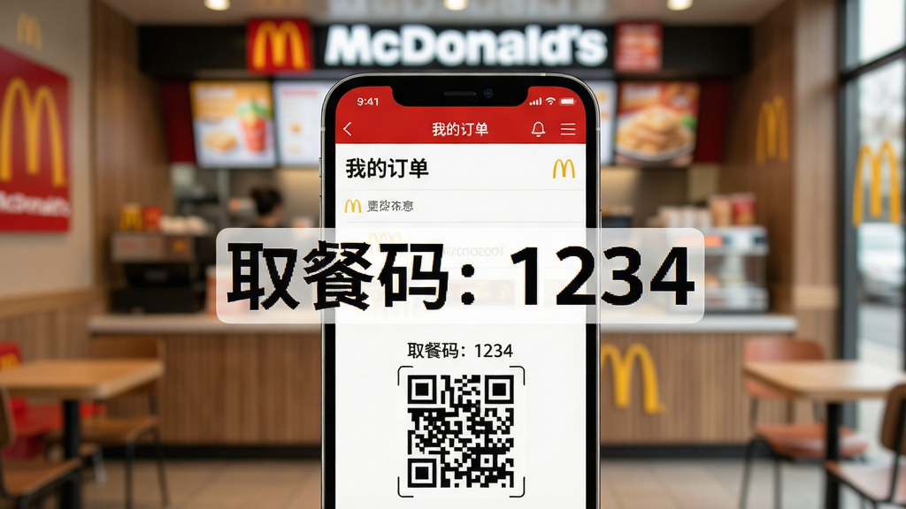主体:手机屏幕显示麦当劳App“我的订单”页面,下方有取餐码和二维码;布局:手机居中,背景为模糊的麦当劳门店内景;排版:界面清晰,取餐码放大突出;风格:写实摄影风格,光线柔和;细节:屏幕文字“取餐码:1234”,二维码清晰可扫;画质:高清,干净无多余元素