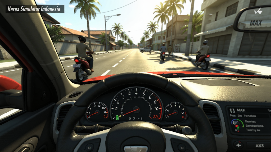 Herex Simulator Indonesia (MAX) 游戏内车辆驾驶视角,仪表盘清晰显示速度与转速,前方街道有摩托车和行人,热带阳光照射,画面真实,画质高清,干净无多余元素