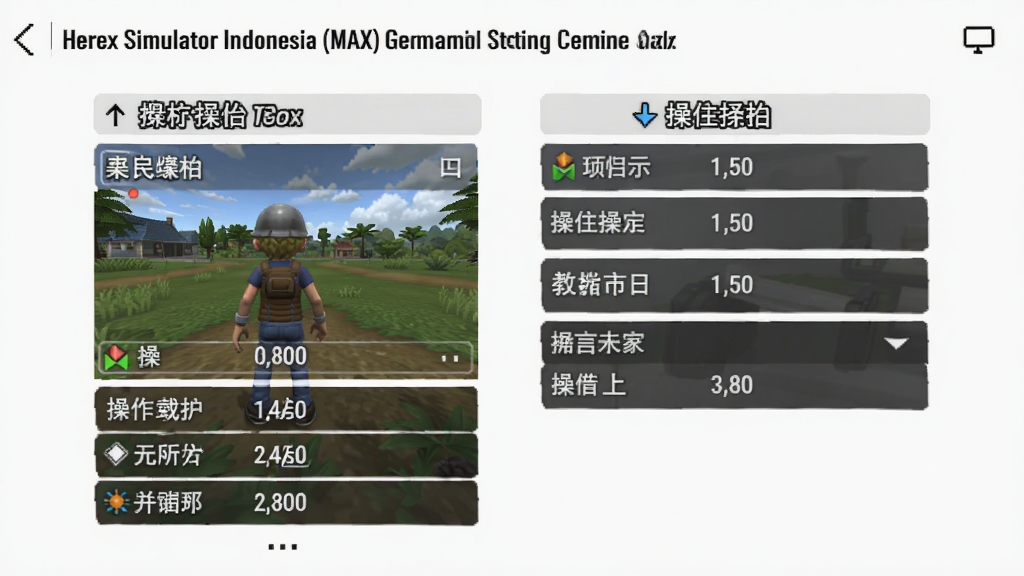 Herex Simulator Indonesia (MAX) 游戏设置界面,展示画质选项与操控设置,手机竖屏截图,界面简洁,文字清晰,画质高清,干净无多余元素