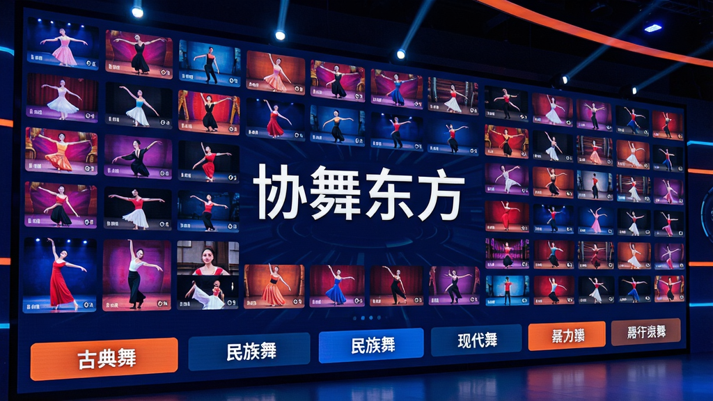 一个巨大的电子屏幕墙,上面整齐排列着数百个舞蹈视频缩略图,画面色彩斑斓,充满动感。屏幕下方是分类标签栏,如“古典舞”、“民族舞”、“现代舞”等。整体布局科技感十足,色调以深蓝和亮橙色为主,画质清晰,干净,无多余元素,屏幕中央显示“协舞东方”字样。