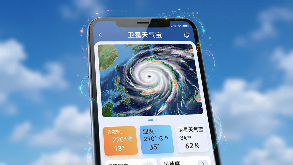 主体:一部智能手机屏幕正中央显示“卫星天气宝”APP界面,界面中是一幅色彩斑斓的卫星云图,图中可见清晰的螺旋状台风云系,云图下方有温度、湿度、风速等数据卡片。布局:手机位于画面正中偏下,背景为虚化的蓝天白云,营造科技感。排版:手机屏幕内界面元素排列整齐,自上而下依次为标题栏、云图展示区、数据面板。风格:拟真3D渲染风格,光影细节丰富,色彩鲜明。细节:手机屏幕玻璃有轻微反光,云图边缘有动态流动的粒子效果,数据面板上字体清晰,显示“卫星天气宝”字样。画质:8K超高清,干净,无多余元素。