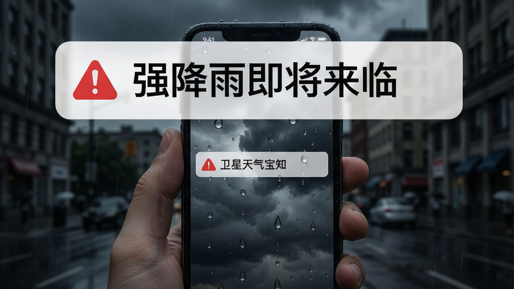 主体:一部手机被一只手握住,屏幕显示卫星天气宝的预警通知横幅,背景是灰暗的乌云密布的城市街道。布局:手机位于画面中央,通知横幅特写放大,占据屏幕上方三分之一。排版:简洁明了,突出预警文字“强降雨即将来临”。风格:写实摄影风格,光线阴暗,营造紧迫感。细节:雨滴开始打在手机屏幕上,通知横幅有红色感叹号图标。画质:高清,干净,无多余元素。