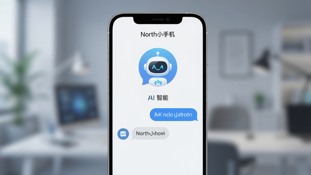 主体:一部现代智能手机屏幕显示North小手机界面,界面简洁明亮,有AI机器人图标和对话气泡。布局:手机居中,屏幕内容清晰,背景虚化。排版:手机屏幕上的界面元素分布合理,有功能图标和文字标签。风格:科技感、现代感、高清渲染。细节:屏幕中显示“North小手机”字样,AI助手正在回复消息,整体氛围智能友好。画质:8K超清,干净,无多余元素。
