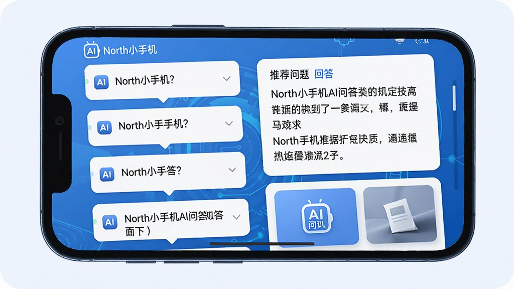 主体:手机屏幕展示North小手机AI问答界面,有问答列表和知识卡片。布局:手机居中,屏幕内容占据主要画面。排版:问题在左,回答在右,下方有推荐问题。风格:知识性、专业感、蓝色科技风。细节:屏幕上有“North小手机”字样和“AI问答”图标,回答内容有条理。画质:清晰,干净,无多余元素。