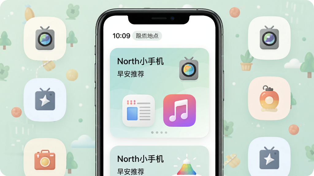 主体:手机屏幕展示North小手机的场景推荐卡片,有时间和地点标签。布局:手机在中央,四周有代表性的场景图标。排版:推荐卡片排列整齐,色彩柔和。风格:简约、智能、场景化。细节:卡片上写着“North小手机”和“早安推荐”,有新闻和音乐应用图标。画质:高清,干净,无多余元素。