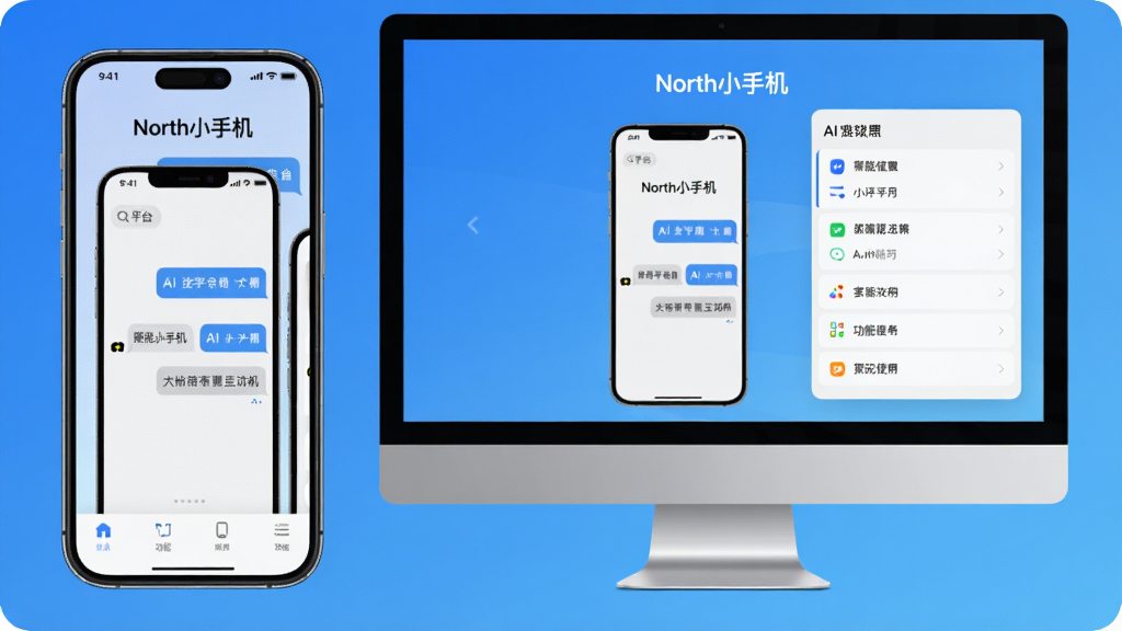 主体:一部手机和一台电脑并排,屏幕上显示North小手机界面,表示多端使用。布局:左手机右电脑,背景为渐变蓝色。排版:设备屏幕上有“North小手机”字样,界面简洁。风格:科技感、多平台、现代。细节:手机和电脑屏幕内容一致,有AI对话和功能列表。画质:高清,干净,无多余元素。