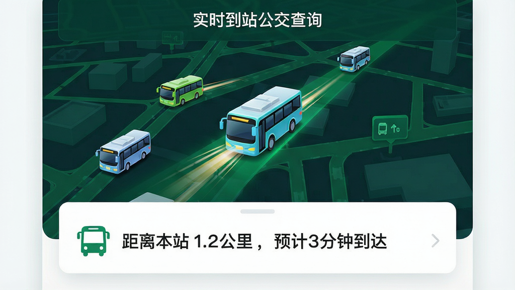 图片主体为“实时到站公交查询”APP的实时地图追踪功能预览图。画面布局采用上下结构,上方是显示多辆公交车图标沿城市道路移动的绿色系电子地图,其中一辆车被高亮放大并带有速度线特效,下方是简洁的信息卡片,显示“距离本站 1.2公里,预计3分钟到达”。整体风格为现代科技感UI设计,界面元素排列整齐,图标简洁清晰。画质要求8K超清,色彩鲜明,重点突出车辆位置的精准性,无多余干扰元素。