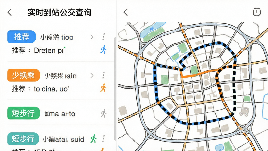 画面主体为“实时到站公交查询”APP的路线规划结果页面。画面布局采用左右分栏设计,左侧是纵向排列的路线方案列表,每个方案用不同颜色的标签区分“推荐”、“少换乘”、“短步行”,右侧是与之对应的手绘风格城市地图,地图上用加粗的虚线绘制出规划路线。整体视觉风格简洁明快,信息层级分明,配色以白色背景搭配蓝色、橙色和绿色的高亮元素。画质要求高清,排版整洁,文字标签清晰可读,无多余背景元素。