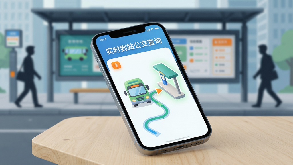 画面主体为一部亮屏的智能手机,屏幕正中央清晰显示“实时到站公交查询”APP界面,界面上有一辆卡通风格的公交车图标正沿着路线驶向一个高亮的站台。手机斜放在一张简约的浅木色桌面上,背景是虚化处理的现代城市公交站台,有模糊的行人剪影。整体布局采用中心构图,手机屏幕内容作为绝对视觉焦点。排版风格干净清爽,留白得当。视觉风格为扁平化结合轻微拟物质感,色彩以清新的蓝色和绿色为主色调,点缀活泼的橙色提示符。画质要求超高清,细节丰富,光线柔和自然,画面干净无多余杂物。