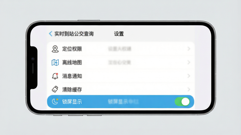 画面主体为一部手机横屏显示“实时到站公交查询”APP的“设置”界面。布局采用列表式结构,从上到下依次排列着“定位权限”、“离线地图”、“消息通知”、“清除缓存”等选项,其中一个名为“锁屏显示”的开关处于打开状态并高亮显示。背景为纯色浅灰,突出手机屏幕内容。风格为简约的UI设计图,色彩搭配和谐,功能图标统一为线性风格。画质要求干净清晰,文字内容需虚化处理,重点展示界面布局和开关状态。