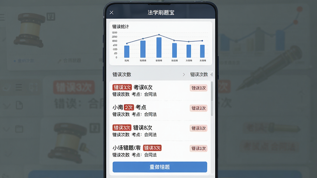 主体:“法学刷题宝”错题本界面,列表展示错题及错误次数;布局:列表式,顶部有统计图表;排版:信息层级分明;风格:简约商务风;细节:每道错题标注“错误3次”“考点:合同法”,底部有“重做错题”按钮;画质:高清,干净,无多余元素