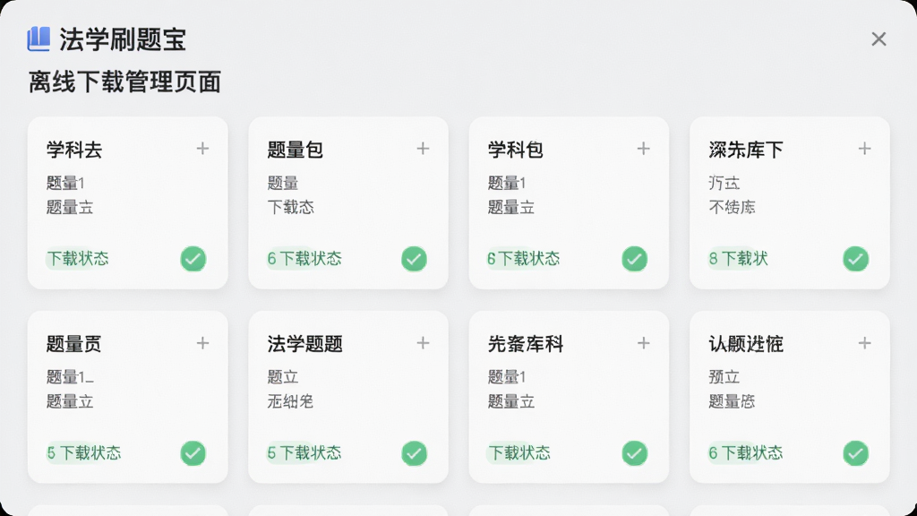 主体:“法学刷题宝”离线下载管理页面,显示已下载的题库包;布局:卡片式排列;排版:整洁直观;风格:浅灰质感;细节:每个卡片有学科名称、题量、下载状态图标;画质:高清,干净,无多余元素