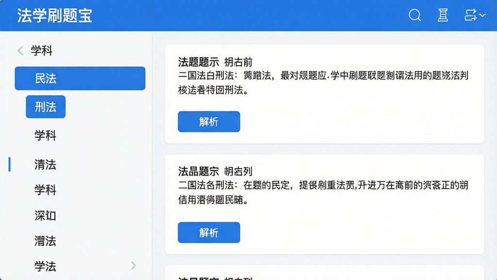 主体:“法学刷题宝”题库分类界面,左侧显示学科列表,右侧显示题目示例;布局:左右分栏,清晰直观;排版:规整有序;风格:清爽的蓝白配色;细节:学科名称如“民法”“刑法”高亮显示,题目下方有“解析”按钮;画质:高清,干净,无多余元素