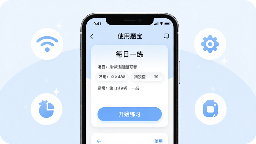 主体:“法学刷题宝”使用指南插图,手机屏幕显示“每日一练”页面;布局:手机居中,周围有Wi-Fi图标、设置图标等;排版:简洁明了;风格:清新浅色系;细节:屏幕上有“开始练习”按钮,背景为淡蓝色;画质:高清,干净,无多余元素