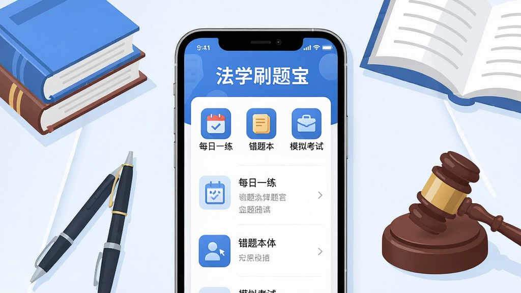 主体:法学刷题宝APP界面展示,手机屏幕上有“法学刷题宝”字样和题库列表;布局:手机居中,周围有书本、笔、法槌等学习元素;排版:简洁清晰,主次分明;风格:现代扁平化,蓝色主色调;细节:屏幕上显示“每日一练”“错题本”“模拟考试”等图标;画质:高清,干净,无多余元素