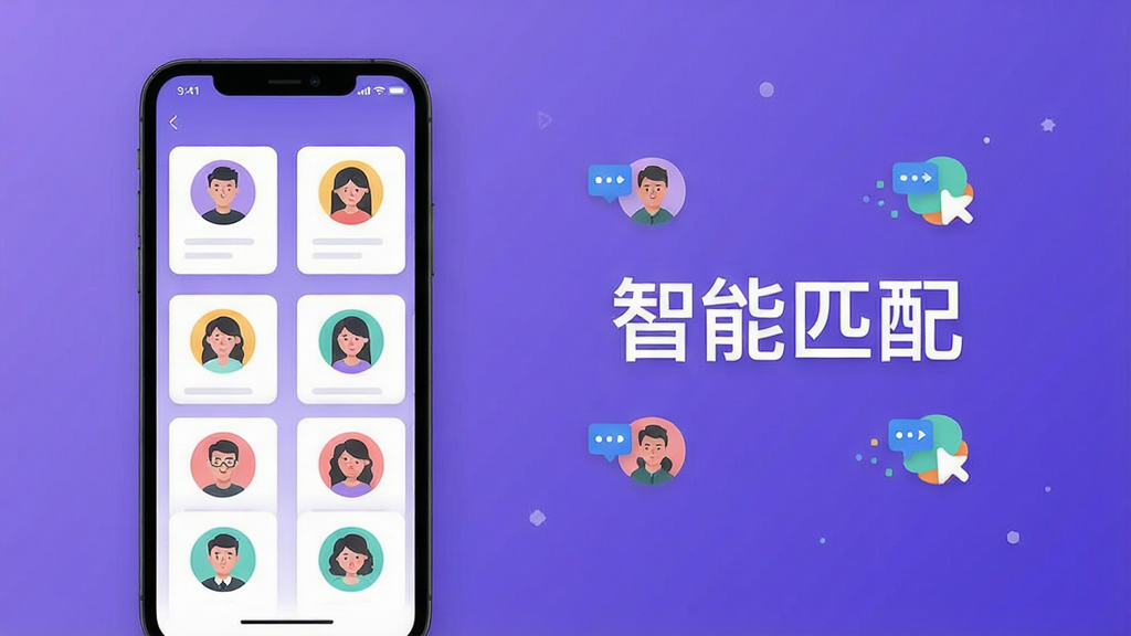 现代扁平化风格的功能展示图,画面左侧是手机界面,界面显示多个用户头像卡片,右侧是匹配成功的动画效果,背景为简约的渐变紫色,配以文字“智能匹配”,整体布局清晰,画质干净,无多余元素