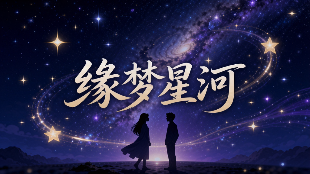 高清数字插画风格的主视觉图,画面中央是璀璨星河背景下两个剪影人物相对而立,周围环绕着发光的星星和流动的光带,整体色调以深蓝和紫色为主,点缀金色星光,画面干净无多余元素,中心位置放置艺术字“缘梦星河”
