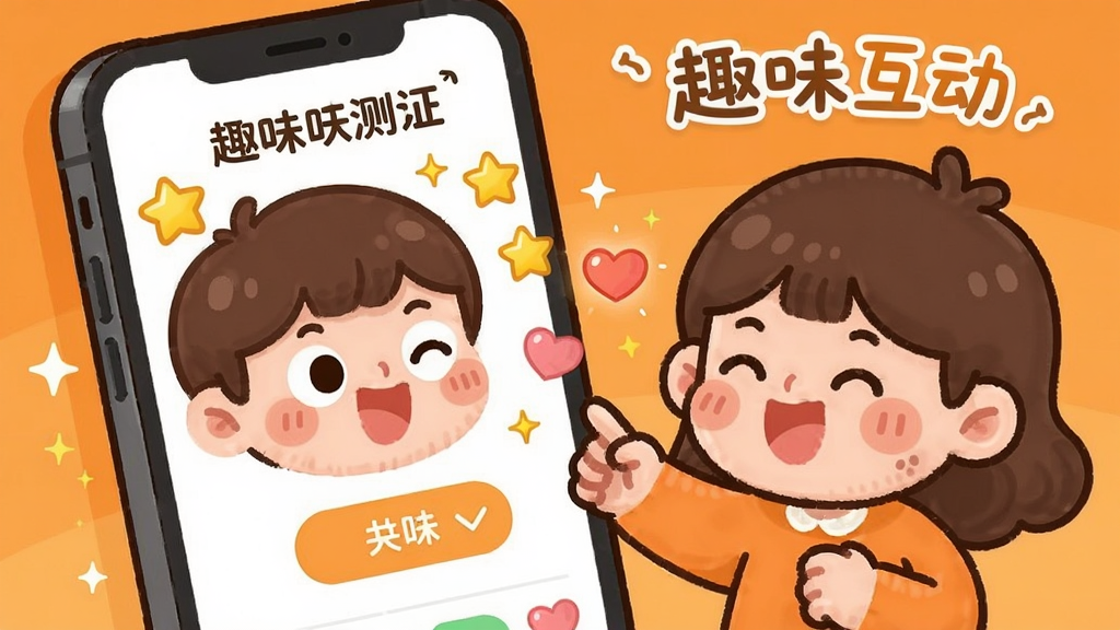 活泼可爱的互动场景插图,画面中两个卡通人物在手机屏幕前开心互动,屏幕显示趣味测试界面,有星星和爱心特效,背景为温暖的橙色,配文“趣味互动”,风格卡通化,干净无多余元素