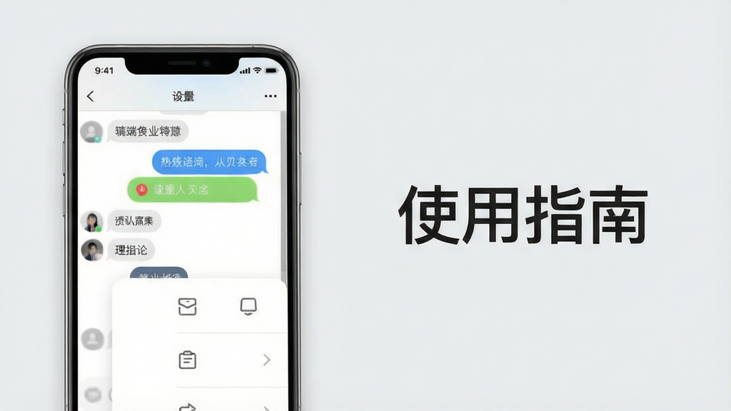 手机端操作演示图,屏幕显示聊天界面和功能菜单,背景为浅灰色,配以文字“使用指南”,风格简洁明了,画质干净,无多余元素