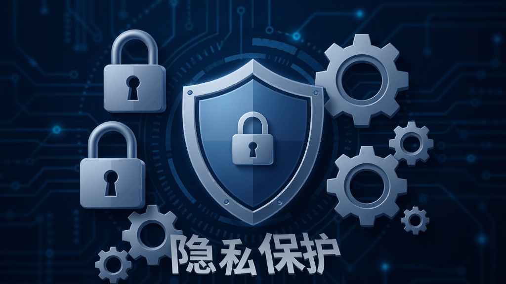 简洁大气的安全防护概念图,画面中央是一个盾牌图标,周围环绕着锁和齿轮元素,背景为深蓝色科技感纹理,配以文字“隐私保护”,整体风格专业,画质干净,无多余元素