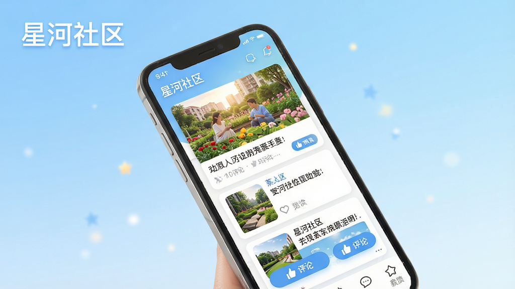 明亮清新的社区界面预览图,手机屏幕中展示动态信息流,包含图片、文字和点赞评论按钮,背景为柔和的蓝色渐变,左上角有“星河社区”字样,整体风格温馨明亮,画质细腻,无多余元素