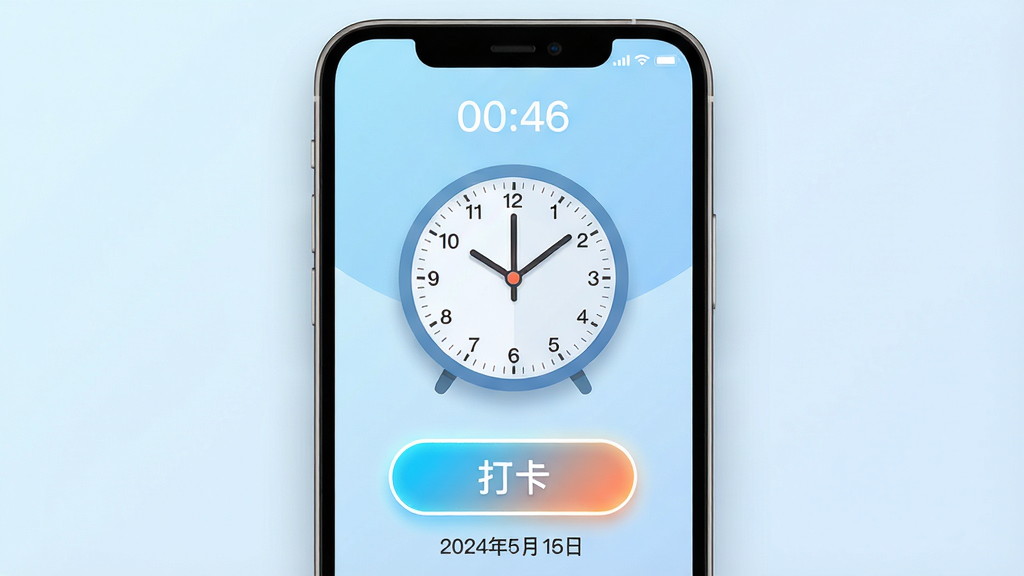 主体:“闹钟打卡”手机应用的主界面展示,屏幕上有圆形的闹钟表盘和醒目的打卡按钮,按钮上写着“打卡”;布局:手机居中,屏幕朝向用户,背景为淡蓝色渐变;排版:手机屏幕内部界面清晰,顶部显示时间,中间为闹钟表盘,下方为打卡按钮和日期信息;风格:扁平化设计,现代简约,颜色清新明亮;细节:闹钟表盘带有指针和刻度,打卡按钮有发光效果,界面四周有轻微的阴影;画质:高清渲染,干净,无多余元素。