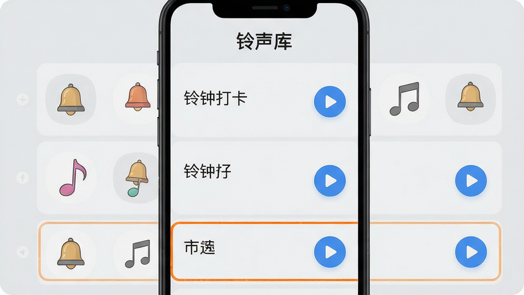 主体:“闹钟打卡”应用的个性化铃声库界面,手机屏幕中展示一排排铃铛图标和音乐符号,每个铃声名称下方有播放按钮;布局:手机竖屏展示,背景为浅灰色;排版:顶部为“铃声库”标题,下方为列表布局,每个条目包含铃声名称和播放按钮;风格:简洁实用,色彩中性;细节:铃声名称字体清晰,播放按钮为蓝色圆形,当前选中的铃声有橙色边框;画质:高清,干净,无多余元素。