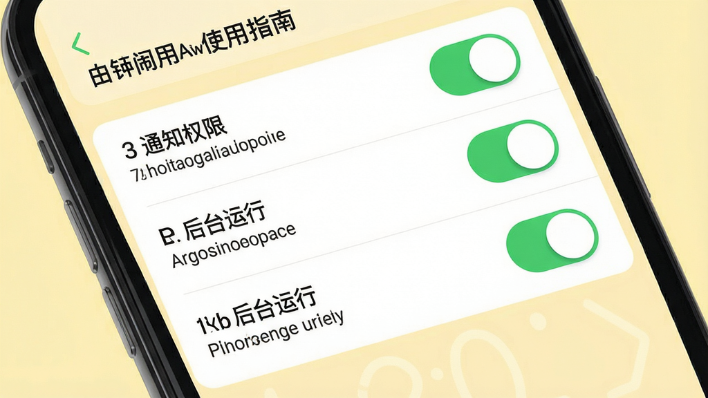 主体:“闹钟打卡”应用的使用指南示意图,手机屏幕显示设置权限的界面,有“通知权限”“后台运行”等开关;布局:手机屏幕特写,背景为淡黄色;排版:屏幕上方为设置列表,每个开关右侧有滑动按钮;风格:简洁清晰,色彩明亮;细节:开关按钮为绿色,文字说明清晰;画质:高清,干净,无多余元素。