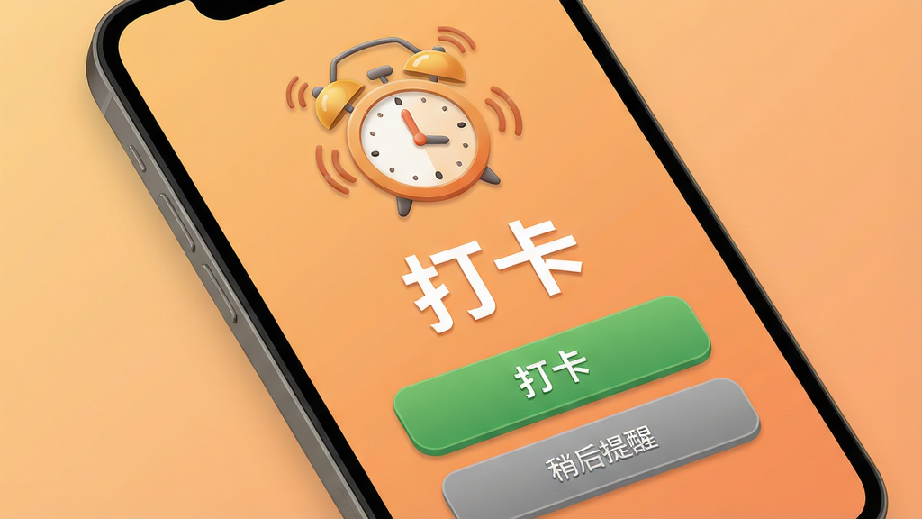 主体:“闹钟打卡”应用中的智能打卡提醒界面,手机屏幕上显示一个大闹钟图标和“打卡”按钮,按钮下方有“稍后提醒”小字;布局:手机屏幕特写,背景为柔和的橙色渐变;排版:屏幕上方为闹钟图标,中间为醒目的大号“打卡”文字,下方为两个按钮;风格:拟物化与扁平化结合,色彩温暖;细节:闹钟图标带有铃铛和震动线条,打卡按钮为绿色,稍后提醒按钮为灰色;画质:高清,干净,无多余元素。
