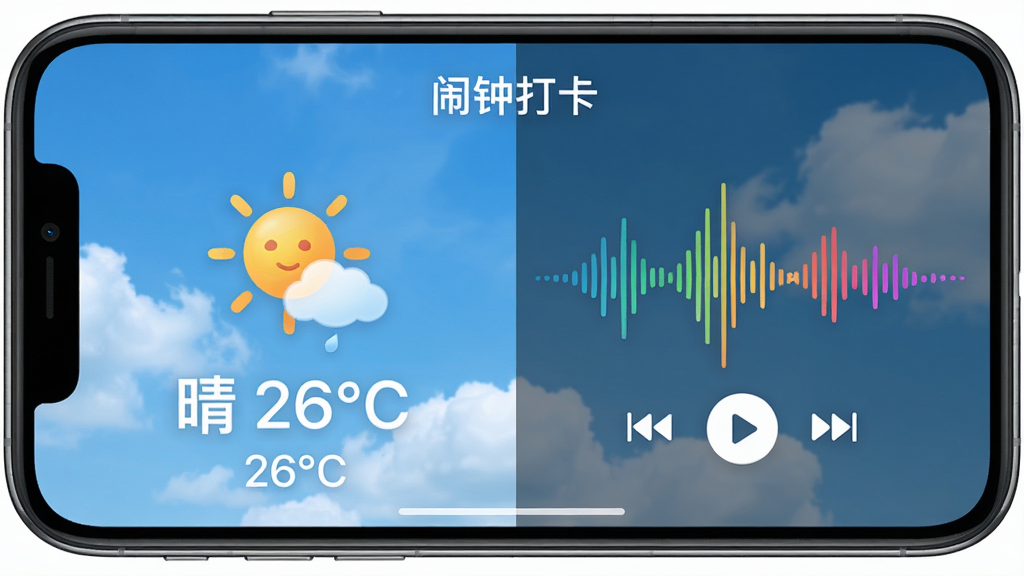 主体:“闹钟打卡”应用语音播报天气的功能界面,手机屏幕一半显示天气图标和温度,一半显示语音波形动画;布局:手机横屏展示,背景为蓝天白云的清爽风格;排版:左侧为天气图标和“晴 26℃”字样,右侧为语音播放的声波动画;风格:清新自然,色彩明亮;细节:天气图标为太阳,温度数字清晰,声波动画有颜色渐变;画质:高清渲染,干净,无多余元素。