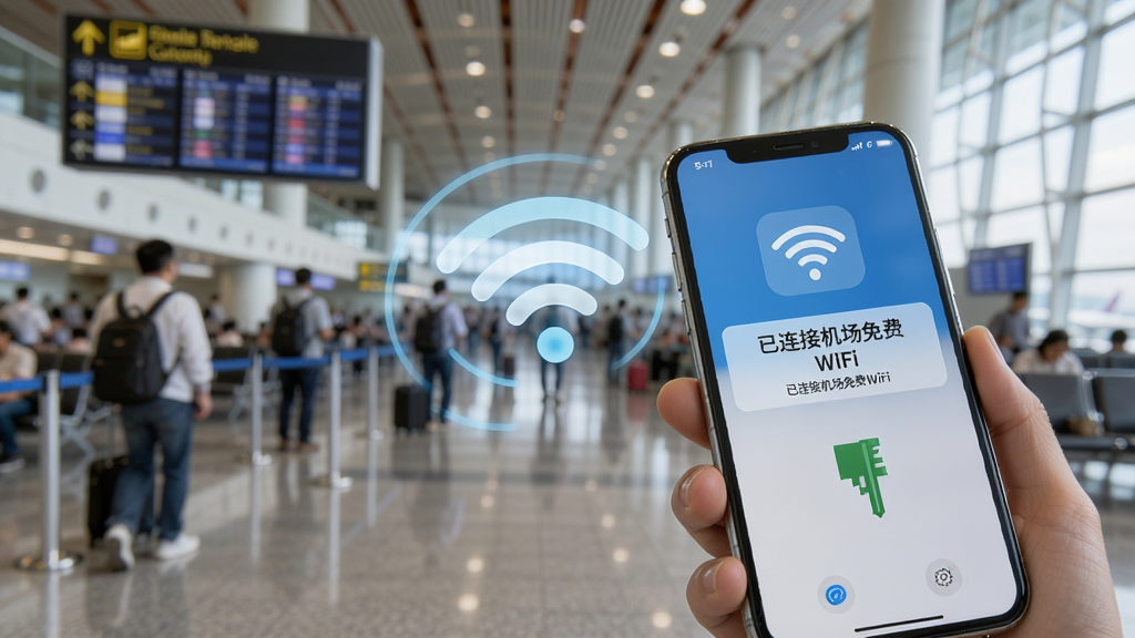 wifi万能连接神奇钥匙的公共WiFi连接场景,手机屏幕上显示“已连接机场免费WiFi”的提示,背景是模糊的机场大厅,画面中有WiFi图标和网络信号动画,整体风格明亮,画质清晰,体现便捷的移动上网体验
