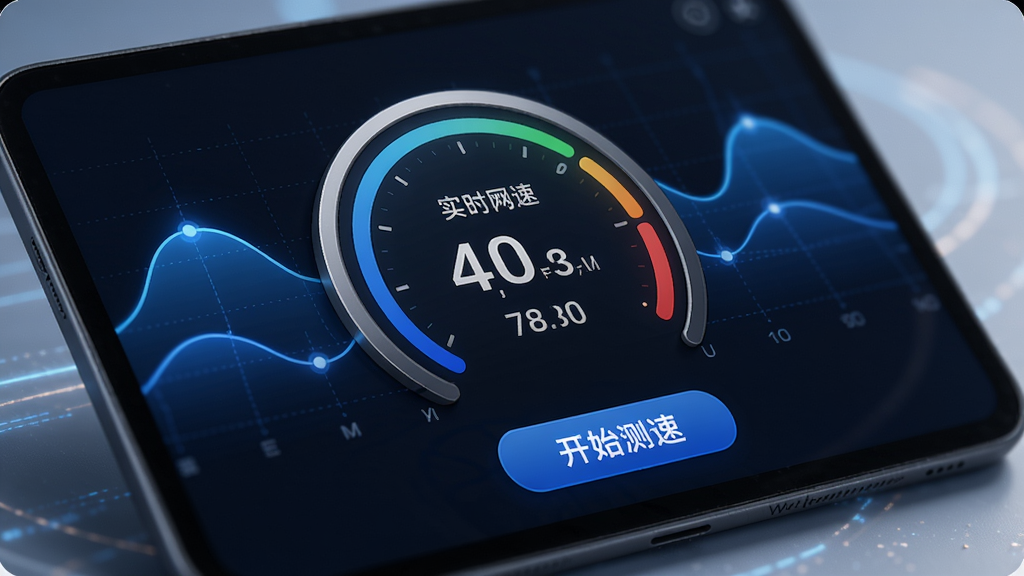 wifi万能连接神奇钥匙的网络测速界面,屏幕中央有一个圆形仪表盘,显示实时网速数据,下方有“开始测速”按钮,背景为动态的蓝色曲线图,风格现代,画质高清,突出专业感