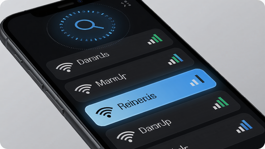 wifi万能连接神奇钥匙的智能扫描功能界面,手机屏幕上显示多个WiFi网络列表,每个网络旁边有信号强度图标,顶部有一个搜索动画效果,整体界面采用深色主题,高亮显示推荐网络,风格科技感十足,画质细腻干净