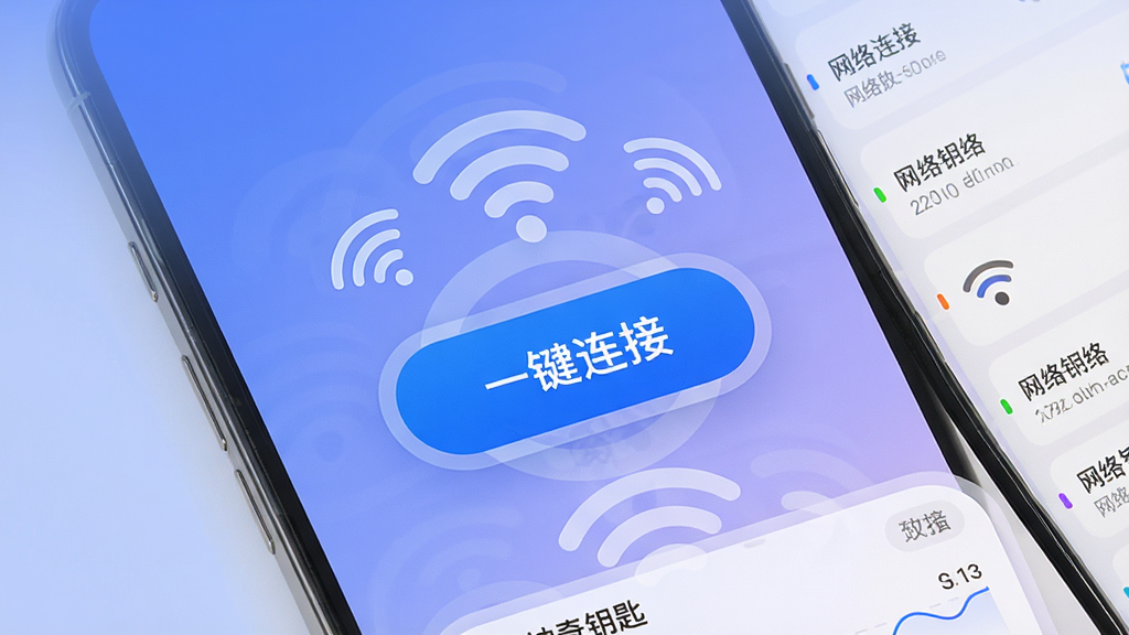 一张智能手机屏幕展示着wifi万能连接神奇钥匙的主界面,界面中央有一个醒目的蓝色连接按钮,按钮上方显示“一键连接”文字,周围环绕着WiFi信号图标和网络列表,背景为现代简约的渐变蓝紫色,整体风格明亮清晰,画质干净,无多余元素