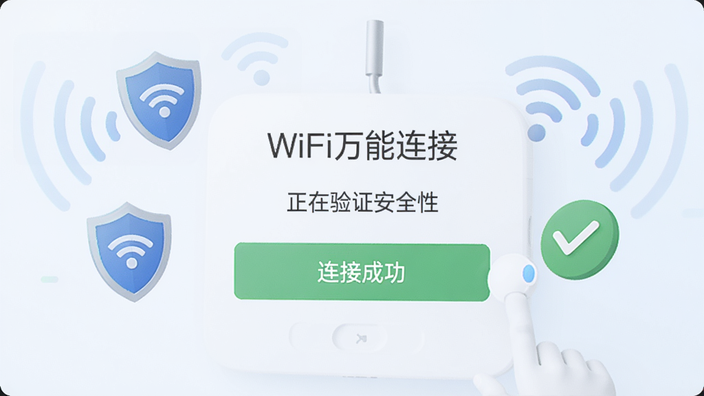 wifi万能连接神奇钥匙的安全连接过程演示,界面显示连接状态,包括“正在验证安全性”和“连接成功”的提示,周围有盾牌图标和绿色对勾,背景为浅色调,风格简洁明了,画质清晰,突出安全可靠的感受