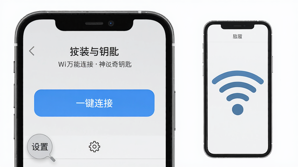 wifi万能连接神奇钥匙的安装与设置界面,手机屏幕显示应用的主菜单,包括“一键连接”按钮和“设置”选项,背景为简洁的浅灰色,旁边有手机和WiFi图标,风格干净整洁,画质高清,突出操作步骤