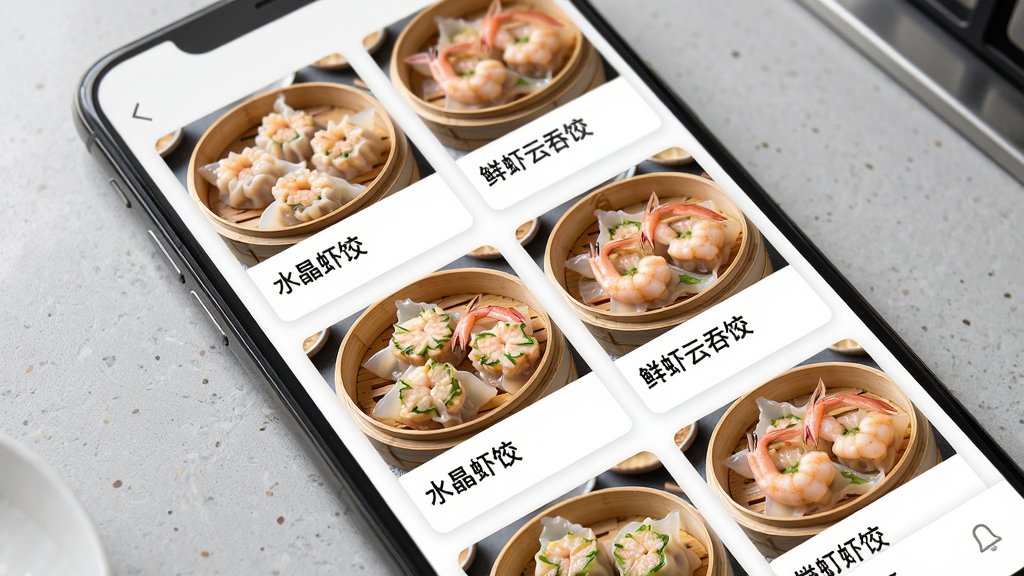 虾饺应用菜谱推荐功能展示,手机屏幕内显示多道虾饺菜谱卡片,每张卡片上有虾饺成品照片与菜名,如“水晶虾饺”、“鲜虾云吞饺”,背景为浅灰色厨房台面,卡片排布整齐,界面风格清爽简约,画质细腻,干净无多余元素