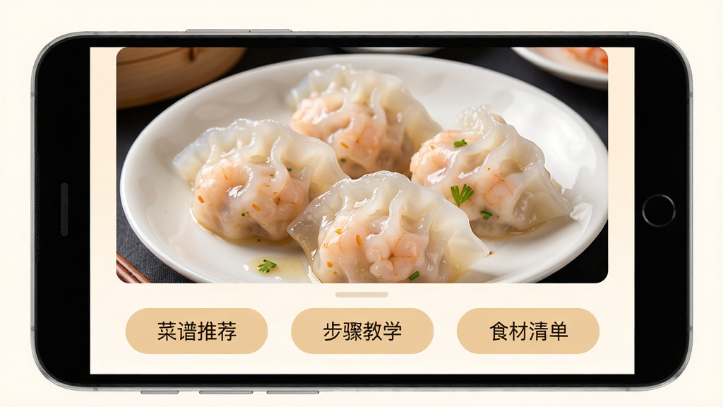 虾饺应用主界面预览图,展示一款名为“虾饺”的安卓手机应用,界面以暖白色为主色调,中央显示一盘晶莹剔透的虾饺美食照片,下方排列“菜谱推荐”、“步骤教学”、“食材清单”三个圆角功能按钮,整体布局简洁清爽,扁平化设计风格,画质干净清晰,细节丰富,无多余元素