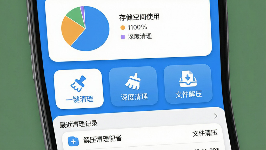 一张展示解压清理能者软件主界面的高清截图,界面布局简洁,上方显示手机存储空间使用情况饼图,中间是“一键清理”、“深度清理”、“文件解压”三个大图标按钮,下方是最近清理记录列表,整体风格清新,蓝白配色,图标圆润,画质干净,无多余元素。
