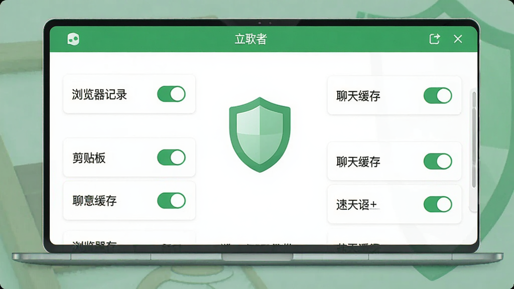 解压清理能者软件隐私清理功能界面,屏幕中央显示一个盾牌图标,周围排列“浏览器记录”、“剪贴板”、“聊天缓存”等清理项,每个项目都有开关按钮,整体风格简洁,绿色与白色为主色调,画质干净,无多余元素。