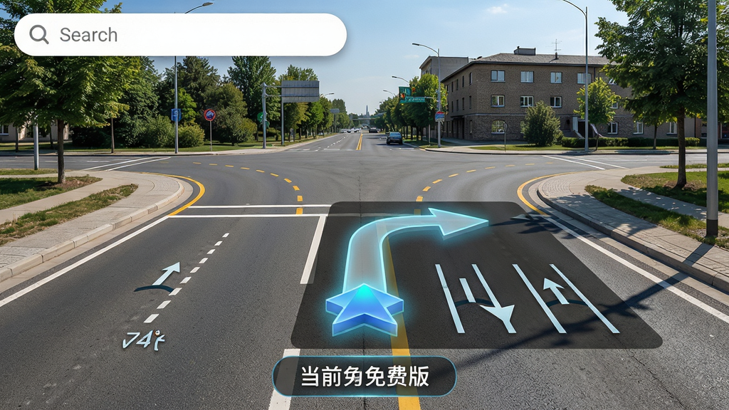 主体:高清全景导航免费版应用界面,显示十字路口全景实景,路面上叠加半透明导航箭头和距离提示。布局:界面全屏展示,上方有搜索框,下方有当前道路名称。排版:箭头指向右转方向,旁边有车道引导图标。风格:写实与科技结合,色调自然,光线充足。细节:道路标线清晰,路旁树木和建筑纹理真实,箭头带有发光效果。画质:高分辨率,锐利清晰,干净无多余元素。